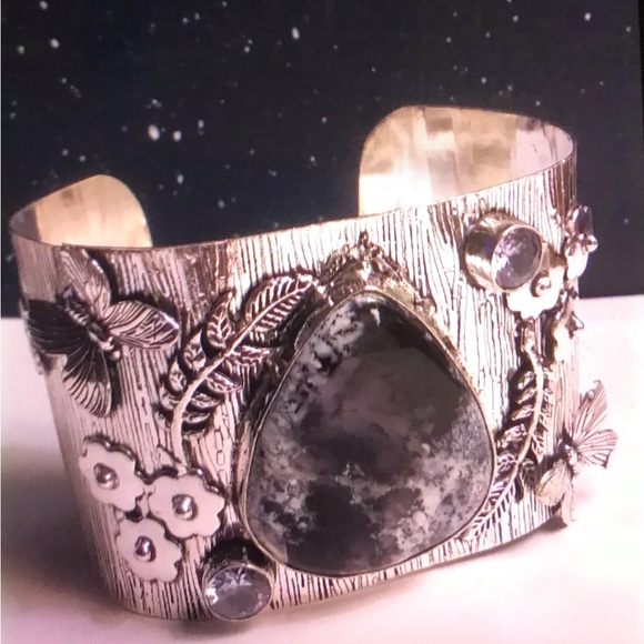 Dendritic Opal Blue Topaz 925 Sterling Silver Cuff Bracelet - Picture 2 of 3